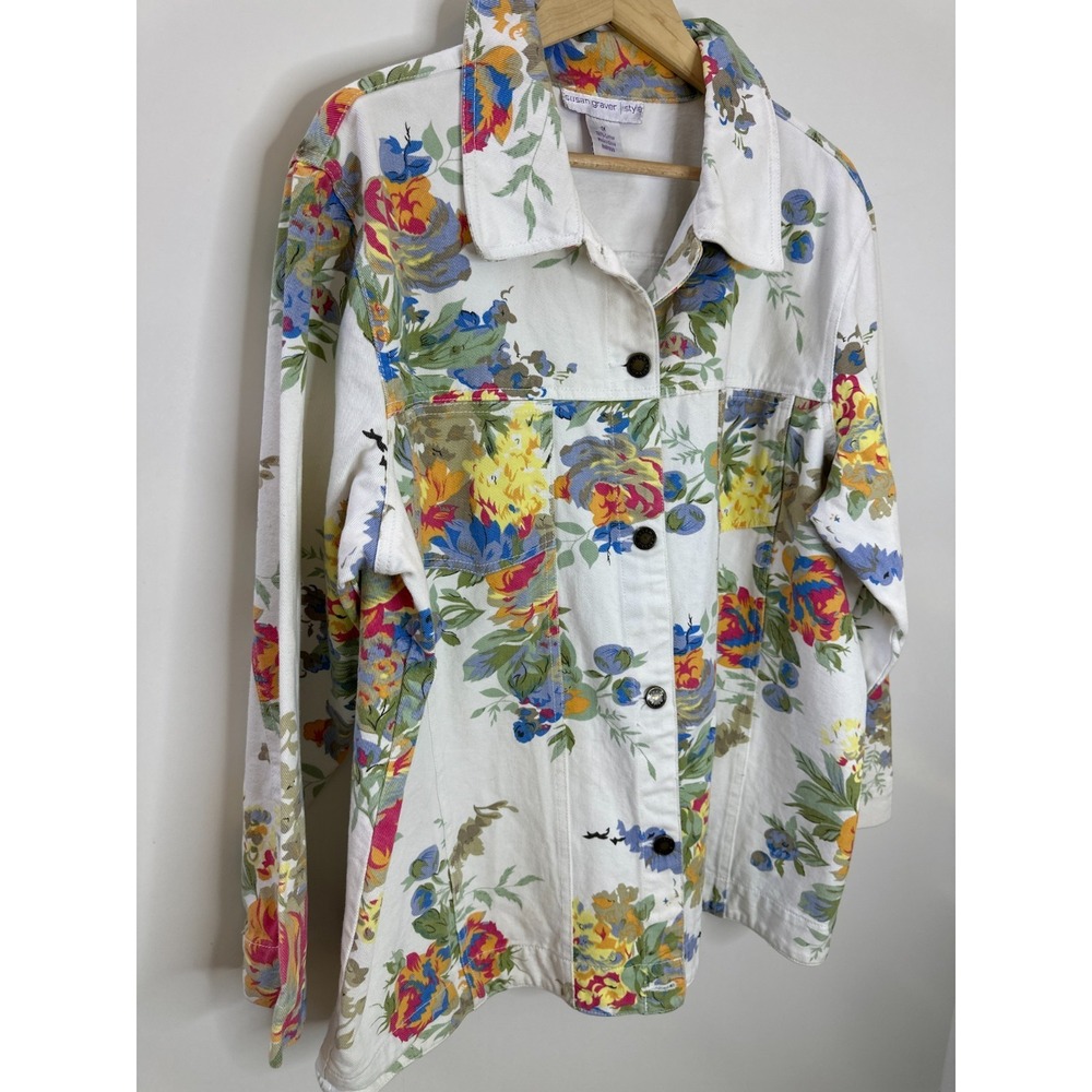 Susan Graver Floral Denim Trucker Jacket White Cotton Button Front Plus Size 1X - Picture 9 of 11